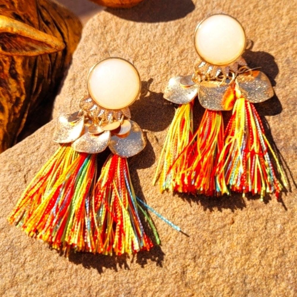 NWT Sunny Retro Multi-Colored Silk Tassel Gold Earrings